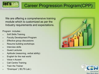 We are offering a comprehensive training
module which is customized as per the
Industry requirements and expectations.
“Career progression Program”(CPP)
Program includes :
 Soft Skills Training
 Faculty Development Program
 Effective group discussions
 Resume building workshops
 Interview skills
 Guest Lectures
 Aptitude (reasoning, verbal ability)
 English for the real world
 Voice n Accent
 Call Centre Training
 Train the Trainer
 “Ensinque” ( IELTS Lab )
Career Progression Program(CPP)
 