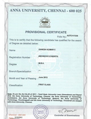 MBA - provisonal certificate