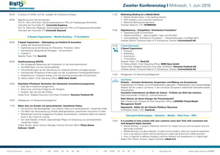 08:20 	 Empfang mit Kaffee und Tee, Ausgabe der Kongressunterlagen
08:45 	 Begrüßung durch die Vorsitzenden
		 Prof Dr. Hans Ulrich Buhl, Kernkompetenzzentrum FIM und Projektgruppe Wirtschafts-
		 informatik des Fraunhofer FIT,, Universität Augsburg
		 Prof. Dr. Maximilian Röglinger, Kernkompetenzzentrum FIM und Projektgruppe Wirtschafts-
		 informatik des Fraunhofer FIT, Universität Bayreuth
2-Speed Organisation - Mobile Banking – IT Architektur
09:00 	 2-Speed Organisation – Verknüpfung von Tradition & Innovation
		 •	 Aufbau der Governance-Struktur
		 •	 Digitalisierung als Vernetzung von Menschen, Prozessen, Daten
		 •	 Ganzheitliche übergreifende Strategien - wie erreichen?
		 •	 2-speed IT
		 Stephan Tillack, CIO, Nord/LB
09:30 	 Autofinanzierung DIGITAL
		 •	 Die strategische Bedeutung der Autobanken für die Automobilindustrie
		 •	 Die BMW Bank und ihre Handlungsfelder
		 •	 Herausforderungen bei der Gestaltung von medienbruchfreien Antragsprozessen
		 •	 Internationale Perspektive (Erfahrungen aus den europäischen Tochtergesellschaften)
		 •	 Modellversuch: modularer Aufbau unter Verwendung existierender Komponenten
		 Dr. Markus Walch, Chief Operating Officer, BMW Bank GmbH
10:00 	 Ideenlabor@Postbank: Revolution des klassischen Innovationsmanagements
		 •	 Ziele des Innovationsmanagements
		 •	 Status Quo und erste Erfolge bei der Postbank
		 •	 Ausblick: das war erst der Anfang
		 Tobias Ehret, Mitglied Executive Committee Direktbank, Deutsche Postbank AG
10:30 	 Kaffeepause mit Networking-Gelegenheit
11:00 	 Näher dran am Kunden mit personalisierten, interaktiven Videos
		 •	 Die Evolution des Bewegtbildes: vom linearen Video zum personalisierten, interaktiven Video
		 •	 Die Macht der Personalisierung: Vorteile datengetriebener, persönlicher Ansprache im Video
		 •	 Bestehende Customer Engagement Konzepte: personalisierte, interaktive Videos als weiterer 	
			 Kanal in der Customer Journey
		 •	 Der stete Wandel: einfache, eigenständige Pflege und Anpassung von personalisierten, 		
			 interaktiven Videos
		 Holger Stutzke, Senior Account Manager Financial Services DACH, Pitney Bowes
		 Software 	GmbH
11:30	 Rethinking Banking for a Mobile World
		 •	 Mobile transformation in the banking industry
		 •	 Shift towards a new customer experience
		 •	 Real-time Banking and payments
		 Christian Rebernik, CTO, NUMBER26
12:00 	 Digitalisierung – Erfolgsfaktor “Architecture Foundation”
		 •	 Digitalisierung @ Commerzbank
		 •	 Digitale Architektur – Spannungsfeld “neue und alte Welt”
		 •	 Leistungsfähige “Architecture Foundation” – Herausforderungen und Wege dahin
		 Andreas Vollmer, Divisional Head of IT Architecture, Director, Commerzbank AG
12:30 	 C-level Discussion
		 2-Speed Organisation
		 •	Prozesse
		 •	Mitarbeiter
		 •	Governance
		 •	 IT Architektur
		 Stephan Tillack, CIO, Nord/LB
		 Dr. Markus Walch, Chief Operating Officer, BMW Bank GmbH
		 Tobias Ehret, Mitglied Executive Committee Direktbank, Deutsche Postbank AG
		 Andreas Vollmer, Divisional Head of IT Architecture, Director, Commerzbank AG
13:30	 Mittagessen mit Networking-Gelegenheit
		 Live Arena
		 Fintechs – Zwischen Konkurrenz, Kooperation und Bildung von Ecosystemen
		 Kooperationen mit Fintechs, um an Innovationskraft zu gewinnen – Präsentationen und Innovationsdialoge
		 Werden Sie Teil unserer Live-Arena, in der innovative Disruptoren traditionelle Geschäftsmodelle 	
		 herausfordern.
		 Innovative Unternehmen als Markt der Zukunt – FinTechs aus Sicht des Investors
		 Heiko Schwender, FinTech VC, CommerzVentures
		 Robo Advisor als Game Changer der Finanzindustrie?
		 Björn Siegismund, Vorstand & Chief Investment Officer, LARANSA Private Wealth 		
		 Management GmbH
		 Regulatorik– Gefahr für die Fintechs Plattform Ökonomie
		 Christopher Graetz, CEO, Kapilendo
Disruptive Technologies – Robotics – Mobile – Real-Time – APIs
15:00 	 Is it possible to have contact with your customer every day? Only with convenient and 	
		 well-designed digital channels
		 •	 Mobile banking – a project? Additional channel? Or maybe the core communication tool and 	
			 day-to-day business?
		 •	 Mobile banking is not about features, it’s about communication, value and customer experience
		 •	 How to go beyond mobile internet banking and create real end-to-end mobile business?
		 •	 How to organize to address changing customer behavior and expectations in a digital age?
		 Robert Piotr Hibner, Director, Digital Channels, mBank S.A.
Zweiter Konferenztag I Mittwoch, 1. Juni 2016
Informationen unter: | T +49 (0)30 20 91 33 88 | F +49 (0)30 20 91 32 10 | E eq@iqpc.de | www.digit-finance.de/MM
€
DigIT
Banken & Versicherungen
 