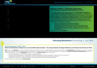 15:30	 Robotics: Robo Advisory & Realtime Bank Advice: Der Roboter als Anlageberater
		 Digitale Transformation im Anlagengeschäft
		 •	 Robotics – die neue Intelligenz
		 •	 Smarte Lösungen beim Investing bei Privatanlegern
		 •	 Computerbasierte Unterstützung bei Anlageentscheidungen
		 •	 Erfahrungen aus der Praxis
		 •	 Wohin entwickelt sich die Finanzberatung?
		 Stefan Sallinger, Bereichsleiter Business Development, Consorsbank by BNP Paribas
16:00 	 How to Face Digital Disruption? – Insights einer kundenorientierten IT Transformation
		 •	 Disruption: Kunde als Treiber der Digitalisierung
		 •	 Transformation: Technologischer und kultureller Change im Gleichklang
		 •	 Leverage: Wettbewerbsvorteile durch Cloud Technologie
		 Manfred L. Strauch, Head IT for Finance and Shared Corporate Services, Swiss Life AG
16:30	 APIs als Treiber im Banking der Zukunft
		 •	 Was bedeudet Banking im richtigen Kontext?
		 •	 Die Rolle von APIs im Banking der Zukunft
		 •	 PSD2 als Chance oder nur Gefahr für Banken
		 André M. Bajorat, Geschäftsführer, figo GmbH
17:00 	 Zusammenfassung des zweiten Konferenztages durch den Vorsitzenden
		 Prof. Dr. Maximilian Röglinger, Kernkompetenzzentrum FIM und Projektgruppe Wirtschafts-
		 informatik des Fraunhofer FIT,, Universität Bayreuth
Abendworkshop A: 18:00 -19:30
Blockchains x Netizensn
= postmoderne Crowd Economy
Wie Unternehmen an dieser Entwicklung teilhaben können!
Die Götterdämmerung hat längst angefangen: getrieben durch technologische Entwicklung wird
die postmoderne Welt zunehmend dezentralisiert und damit demokratisiert. Zentrale Strukturen
bröckeln unaufhörlich. Interessensgemeinschaften (digitale Communities) gewinnen an Bedeutung und
bestimmen mittlerweile viele Spielregeln. Inzwischen werden nicht nur Unternehmen, sondern ganze
Branchen digitalisiert und durch Netzwerke, Plattformen, APIs oder einfach nur durch Protokolle
ersetzt. Der unabhängige Kommunitarier erobert die Welt in vielen Bereichen, worauf sich Staaten,
Unternehmen und letztlich auch Verbraucher einstellen müssen. In diesem Workshop geht es um
die unausweichlichen Herausforderungen, die diese Entwicklung mit sich bringt und wie man diesen
begegnen kann, um letztlich davon zu profitieren.
		 •	 Müssen wir Wirtschaft neu denken oder gar neu gestalten?
		 •	 Vorreiter Asien und Afrika: Was können wir von dort lernen?
		 •	 Crowd Economics: horizontale Unternehmensführung, interaktive Wertschöpfung
		 •	 Capital-Asset-Partnership: Kunde = Investor = Lieferant = Unternehmer = Partner
		 •	 Monetarisieren von Vertrauen, Transparenz und Nachhaltigkeit (vernetzte, gerechtere 		
			 Geschäftsmodelle)
Daniel Neis, CEO & Gründer, KOINA AG
Zweiter Konferenztag I Mittwoch, 1. Juni 2016
Informationen unter: | T +49 (0)30 20 91 33 88 | F +49 (0)30 20 91 32 10 | E eq@iqpc.de | www.digit-finance.de/MM
€
DigIT
Banken & Versicherungen
Fokustag Blockchain I Donnerstag, 2. Juni 2016
Frühstücksworkshop B: 08:00 – 09:30
Bitcoin & die Blockchain verstehen und neue Geschäftsmodelle erarbeiten – Ein praxisorientierter Grundlagen-Workshop zum Potenzial des Internets der Werte
2016 ist das Jahr der Blockchain. In kaum einer anderen Technologie sehen Gründer, Investoren und Wissenschaftler ein derart großes Potenzial, wie in der Datenbank, die geschaffen wurde, um das erste digitale
Geld Bitcoin zu verwalten. Die Finanzbranche wird dabei direkt, jedoch nicht als einziges von den digitalen Umbrüchen betroffen sein. Die offensichtliche Gefahr für traditionelle Geschäftsmodelle der Branche
eröffnet damit sogleich auch ganz neue Möglichkeiten. Zumindest denen, die Chancen erkennen und zu nutzen wissen.
		 •	 Faszination Digitales Geld – Die Innovation „Blockchain“ im Praxistest erfahren
		 •	 Status Quo des Bitcoin-Ökosystems – Welche Ideen und Geschäftsmodelle gibt es? Welche sind gescheitert, welche funktionieren besonders gut?
		 •	 Branchengrenzen überwinden – Warum es gefährlich ist, Bitcoin und die Blockchain als reines Finanzthema zu betrachten.
		 •	 Die Konkurrenz schläft nicht! Gemeinsames Erarbeiten von strategischen Bitcoin- & Blockchain-Geschäftsmodellen
Friedemann Brenneis, Journalist / Berater, The Coinspondent
 