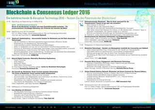 Fokustag Blockchain I Donnerstag, 2. Juni 2016
Informationen unter: | T +49 (0)30 20 91 33 88 | F +49 (0)30 20 91 32 10 | E eq@iqpc.de | www.digit-finance.de/MM
		
€
DigIT
Banken & Versicherungen
Blockchain & Consensus Ledger 2016
07:30 	 Begrüßung und Registrierung mit Kaffee & Tee
		 08:00 – 09:30 Fühstücksworkshop B:
		 Bitcoin & die Blockchain verstehen und neue Geschäftsmodelle erarbeiten – Ein 		
		 praxisorientierter Grundlagen-Workshop zum Potenzial des Internets der Werte
09:40 	 Begrüßung durch den Vorsitzenden
		 Prof. Dr. Gilbert Fridgen, Kernkompetenzzentrum FIM und Projektgruppe Wirtschafts-
		 informatik des Fraunhofer FIT,, Universität Bayreuth
09:50 	 Tabubruch Geldschöpfung – ökonomische Gesetze für Wohlstand und die Rolle dezentraler 	
		 Technologien
		 •	 Die vier Eckpfeiler für Wohlstand (gesicherte Eigentumsrechte, effizienter Handel, 		
			 Arbeitsteilung und Spezialisierung, Netzwerkgröße)
		 •	 Zusammenhang zwischen Geldschöpfung und Nachhaltigkeit
		 •	 Fehler im Geldsystem und wie man mit technischem Fortschritt diese beheben kann
		 •	 Potenzial von Blockchains und dezentralen Technologien (neue Geschäftsmodelle, strukturelle 	
			 Demokratisierung, Crowd Economy, P2P, DAOs, Smart Contracts etc.)
		 •	 Anwendungsbeispiele: private Geldschöpfung, Cloudlösungen wie dezentrale Gesundheitsdaten, 	
			 Banking ohne Banken, Versicherung ohne Versicherungen
		 Daniel Neis, CEO & Gründer, KOINA AG
10:20 	 Beyond Digital Currencies: Alternative Blockchain Applications
		 •	 Digital Currencies
		 •	 Asset Registry
		 •	 Application Stacks
		 •	 Asset Centric Technologies
		 Dr. Paolo Tasca, Director, University College, Centre for Blockchain Technologies
		 Economist, Deutsche Bundesbank AG
10:50	 Die Zukunft der Blockchain: Smart Contract gestütze Infrastruktur
		 The Future of Blockchain: Smart contract based infrastructure
		 •	 Was sind smart contracts / What are smart contracts
		 •	 Autonome Welt, neue Möglichkeiten durch Automation von Werten / Autonomous world, 		
			 new possibilities through automation of value
		 •	 Skalierbarkeit und mögliche Lösungen / Scalebility and possible solutions
		 •	 Das Internet der Blockchains / The internet of blockchains
		 Fabian Vogelsteller, Lead Dapp Developer, Ethereum
11:20 	 Kaffeepause mit Networking-Gelegenheit
11:50 	 Core Banking mit Ethereum
		 •	 Wie Blockchain Technology Core Banking Systeme ablösen könnten
		 •	 Beispielhafte Implementierung in Ethereum
		 •	 Diskussion des Private Blockchain Ansatzes für Banken
		 •	 Schritte bis zur Einführung der System
		 Patrick Gruban, Head of Innovation and Markets, Fidor Bank AG
12:20 	 Diskussionsrunde: Blockchain – Was ist daran spannend für die 				
		 Finanzbranche? Theorie ist gut aber wie umsetzen?
		 •	 Neue Gesetze für BitCoins?
		 •	 Entweder BitCoin oder (klassische) Bank?
		 •	 Oder gibt es nicht technisch bessere/effizientere/elegantere Lösungen?
		 •	 Oder sehen clevere Tech-Startups ihre Chance, um den Banken eine „Innovation“ teuer zu
			 verkaufen? Kostenaspekt: Mit welchen Kosten ist zu rechnen?
		 •	 BitCoins und klassische Anforderungen der Buchhaltung widersprechen sich
		 Dr. Friedrich G. Zuther, Abeilungsleiter Bankorganisation / Informationstechnologie,
		 Bundesverband der Deutschen Volksbanken und Raiffeisenbanken e.V
		 Patrick Gruban, Head of Innovation and Markets, Fidor Bank AG
		 Fabian Vogelsteller, Lead Dapp Developer, Ethereum
		 Daniel Neis, CEO & Gründer, KOINA AG
12:50 	 Mittagessen mit Networking-Gelegenheit
14:20 	 BlockchainTechnologie – Handeln von Wertpapieren innerhalb der Community zum Nulltarif 	
		 •	 Selbst skalierende Block-Chain Infrastruktur für den Handel von Finanzprodukten
		 •	 High-speed trading von geschlossenen und komplexen Anlageprodukten
		 •	 Beteiligungsmanagement über die Block-Chain (komplette value-chain)
		 •	 Verwendung der Block-Chain Technologie zur Automatisierung und Digitalisierung komplexer 	
			Prozesse
		 Johann Horch, CEO, niiio GmbH
14:50 	 Deutsche Börse Group: Engagement with Blockchain Technology
		 •	 Overview of Blockchain Technology impact: Opportunities and challenges
		 •	 Regulatory and compliance hurdles
		 •	 Blockchain technology: Approach of Deutsche Boerse Group
		 Robert Somogyi, Director of Business Planning, Deutsche Boerse Group
15:20 	 Global Chained Delivery Network: Blockchain and Smart Contracts for Physical Delivery
		 •	 Sharing, Decentralisation, Access to Assets, New Forms of Value Exchange
		 •	 Physical Delivery and different types of delivery networks
		 •	 Chained Delivery Networks: Blockchain/IPFS + IoT + Physical Delivery
		 •	 Example Use Cases
		 •	 Requirements for Financial Services
		 Carsten Stöcker, Blockchain Competence Team, RWE Innovation Hub
15:50	 Schlussworte durch den Vorsitzenden
		 Prof. Dr. Gilbert Fridgen, Kernkompetenzzentrum FIM und Projektgruppe Wirtschafts-
		 informatik des Fraunhofer FIT,, Universität Bayreuth
Die bahnbrechende & disruptive Technology 2016 – Nutzen Sie die Potenziale der Blockchain!
						
											
							
			
											
 