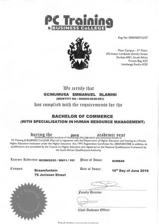 BCom Degree Certificate