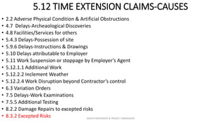5.12 TIME EXTENSION CLAIMS-CAUSES
• 2.2 Adverse Physical Condition & Artificial Obstructions
• 4.7 Delays-Archeaological Discoveries
• 4.8 Facilities/Services for others
• 5.4.3 Delays-Possession of site
• 5.9.6 Delays-Instructions & Drawings
• 5.10 Delays attributable to Employer
• 5.11 Work Suspension or stoppage by Employer’s Agent
• 5.12.1.1 Additional Work
• 5.12.2.2 Inclement Weather
• 5.12.2.4 Work Disruption beyond Contractor’s control
• 6.3 Variation Orders
• 7.5 Delays-Work Examinations
• 7.5.5 Additional Testing
• 8.2.2 Damage Repairs to excepted risks
• 8.3.2 Excepted Risks ZAATHI ENGINEERS & PROJECT MANAGERS
 
