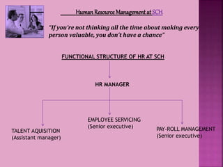 HumanResource Management at SCH
“If you’re not thinking all the time about making every
person valuable, you don’t have a chance”
FUNCTIONAL STRUCTURE OF HR AT SCH
HR MANAGER
TALENT AQUISITION
(Assistant manager)
EMPLOYEE SERVICING
(Senior executive) PAY-ROLL MANAGEMENT
(Senior executive)
 