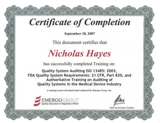 Emergo Quality System Auditing Certificate