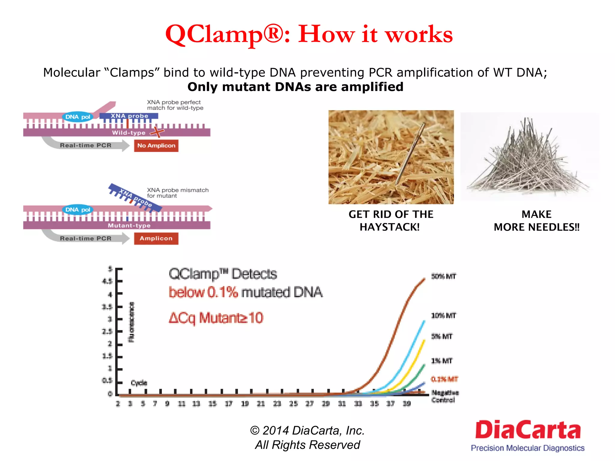 QClamp®: How it works
© 2014 DiaCarta, Inc.
All Rights Reserved
GET RID OF THE
HAYSTACK!
MAKE
MORE NEEDLES!!
Molecular “Clamps” bind to wild-type DNA preventing PCR amplification of WT DNA;
Only mutant DNAs are amplified
 