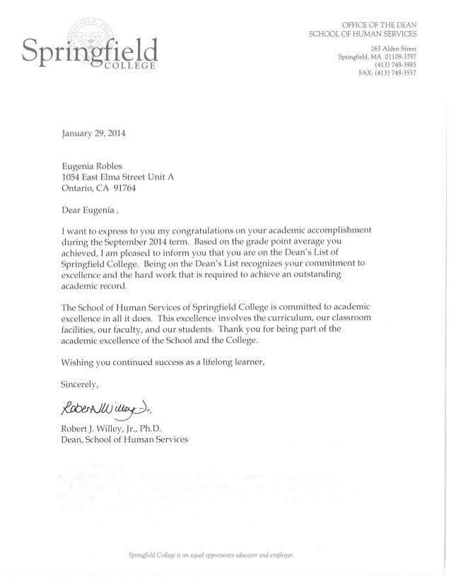 letter from dean springfield college letter to dean