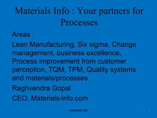 Materials Info : Your partners for
Processes
Areas :
Lean Manufacturing, Six sigma, Change
management, business excellence,
Process improvement from customer
perception, TQM, TPM, Quality systems
and materials/processes
Raghvendra Gopal
CEO, Materials-info.com
materials-info 1
 