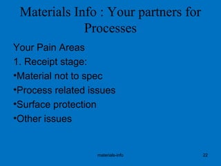 Materials Info : Your partners for
Processes
Your Pain Areas
1. Receipt stage:
•Material not to spec
•Process related issues
•Surface protection
•Other issues
materials-info 22
 