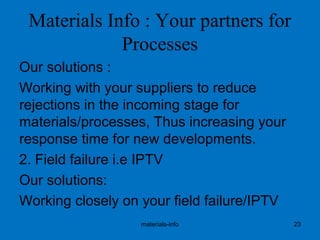 Materials Info : Your partners for
Processes
Our solutions :
Working with your suppliers to reduce
rejections in the incoming stage for
materials/processes, Thus increasing your
response time for new developments.
2. Field failure i.e IPTV
Our solutions:
Working closely on your field failure/IPTV
materials-info 23
 