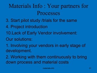 Materials Info : Your partners for
Processes
3. Start pilot study /trials for the same
4. Project introduction
10.Lack of Early Vendor involvement:
Our solutions:
1. Involving your vendors in early stage of
development.
2. Working with them continuously to bring
down process and material costs
materials-info 31
 