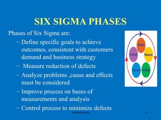 SIX SIGMA PHASES
Phases of Six Sigma are:
– Define specific goals to achieve
outcomes, consistent with customers
demand and business strategy
– Measure reduction of defects
– Analyze problems ,cause and effects
must be considered
– Improve process on bases of
measurements and analysis
– Control process to minimize defects
materials-info 8
 
