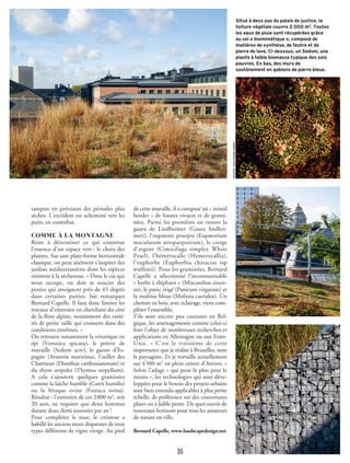 35
tampon en prévision des périodes plus
sèches. L’excédent est acheminé vers les
puits, en contrebas.
COMME À LA MONTAGNE
Reste à déterminer ce qui constitue
l’essence d’un espace vert : le choix des
plantes. Sur une plate-forme horizontale
classique, on peut aisément s’inspirer des
jardins méditerranéens dont les espèces
résistent à la sécheresse. « Dans le cas qui
nous occupe, on doit se soucier des
pentes qui atteignent près de 45 degrés
dans certaines parties, fait remarquer
Bernard Capelle. Il faut donc limiter les
travaux d’entretien en cherchant du côté
de la flore alpine, notamment des varié-
tés de petite taille qui croissent dans des
conditions extrêmes. »
On retrouve notamment la véronique en
épi (Veronica spicata), le poivre de
muraille (Sedum acre), le gazon d’Es-
pagne (Armeria maritima), l’œillet des
Chartreux (Dianthus carthusianorum) et
du thym serpolet (Thymus serpyllum).
A cela s’ajoutent quelques graminées
comme la laîche humble (Carex humilis)
ou la fétuque ovine (Festuca ovina).
Résultat : l’entretien de ces 2000 m2
, soit
20 ares, ne requiert que deux hommes
durant deux demi-journées par an !
Pour compléter le tout, le créateur a
habillé les anciens murs disparates de trois
types différents de vigne vierge. Au pied
de cette muraille, il a composé un « mixed
border » de hautes vivaces et de grami-
nées. Parmi les premières on trouve la
gaura de Lindheimer (Gaura lindhei-
meri), l’eupatoire pourpre (Eupatorium
maculatum atropurpureum), le cierge
d’argent (Cimicifuga simplex White
Pearl), l’hémérocalle (Hemerocallis),
l’euphorbe (Euphorbia characias ssp
wulfenii). Pour les graminées, Bernard
Capelle a sélectionné l’incontournable
« herbe à éléphant » (Miscanthus sinen-
sis), le panic érigé (Panicum virgatum) et
la molinie bleue (Molinia caerulea). Un
chemin en bois, avec éclairage, vient com-
pléter l’ensemble.
S’ils sont encore peu courants en Bel-
gique, les aménagements comme celui-ci
font l’objet de nombreuses recherches et
applications en Allemagne ou aux Etats-
Unis. « C’est le troisième de cette
importance que je réalise à Bruxelles, note
le paysagiste. Et je travaille actuellement
sur 4500 m2
en plein centre d’Anvers. »
Selon l’adage « qui peut le plus peut le
moins », les technologies qui sont déve-
loppées pour le besoin des projets urbains
sont bien entendu applicables à plus petite
échelle, de préférence sur des couvertures
plates ou à faible pente. De quoi ouvrir de
nouveaux horizons pour tous les amateurs
de nature en ville.
Bernard Capelle, www.landscapedesign.net
Situé à deux pas du palais de justice, la
toiture végétale couvre 2 000 m2
. Toutes
les eaux de pluie sont récupérées grâce
au sol « biomimétique », composé de
matières de synthèse, de feutre et de
pierre de lave. Ci-dessous, un Sedum, une
plante à faible biomasse typique des sols
pauvres. En bas, des murs de
soutènement en gabions de pierre bleue.
PHOTOS:JEAN-PIERREGABRIEL
DocRoom
 