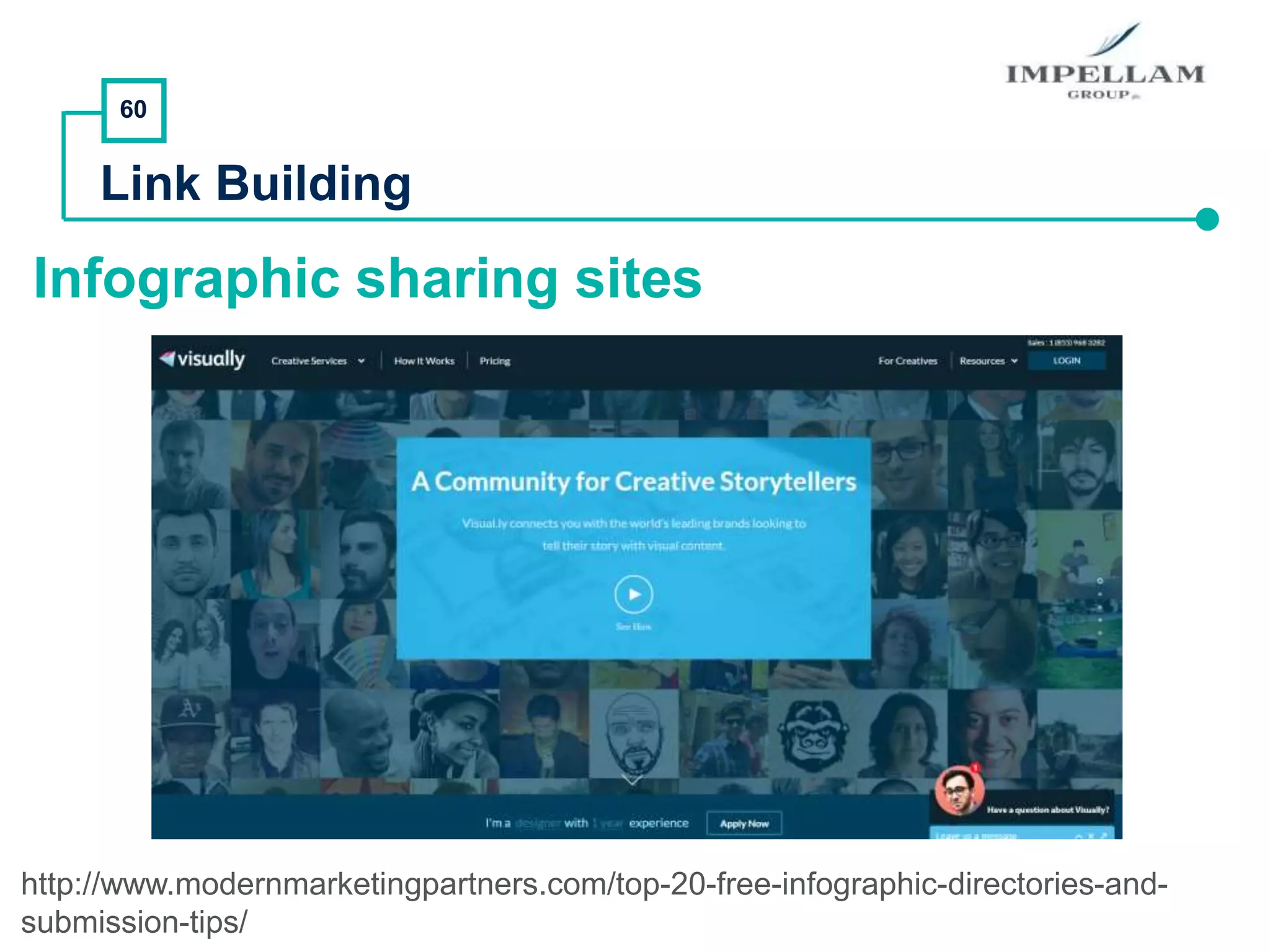 60
Link Building
http://www.modernmarketingpartners.com/top-20-free-infographic-directories-and-
submission-tips/
Infographic sharing sites
 