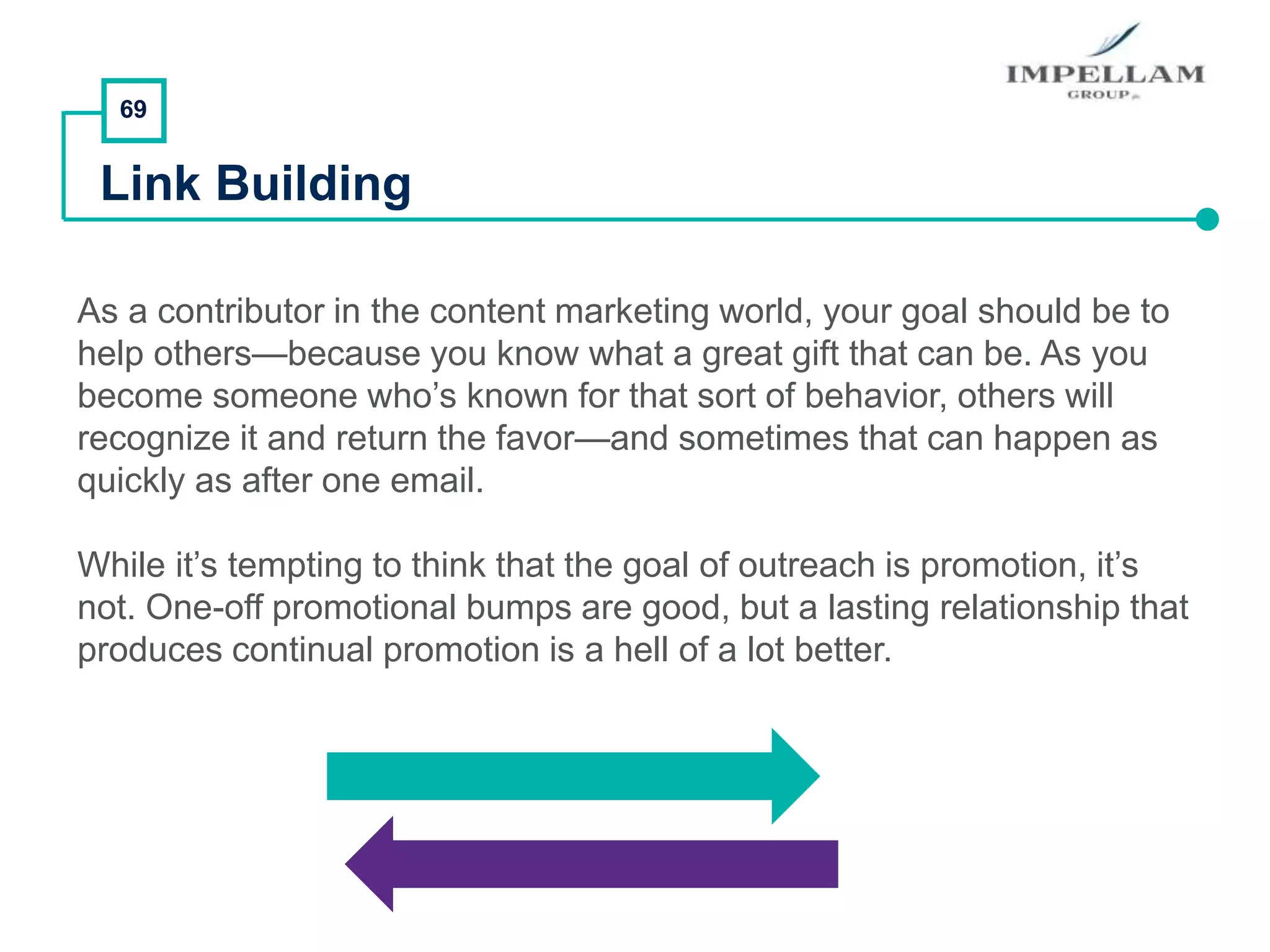 69
Link Building
As a contributor in the content marketing world, your goal should be to
help others—because you know what a great gift that can be. As you
become someone who’s known for that sort of behavior, others will
recognize it and return the favor—and sometimes that can happen as
quickly as after one email.
While it’s tempting to think that the goal of outreach is promotion, it’s
not. One-off promotional bumps are good, but a lasting relationship that
produces continual promotion is a hell of a lot better.
 