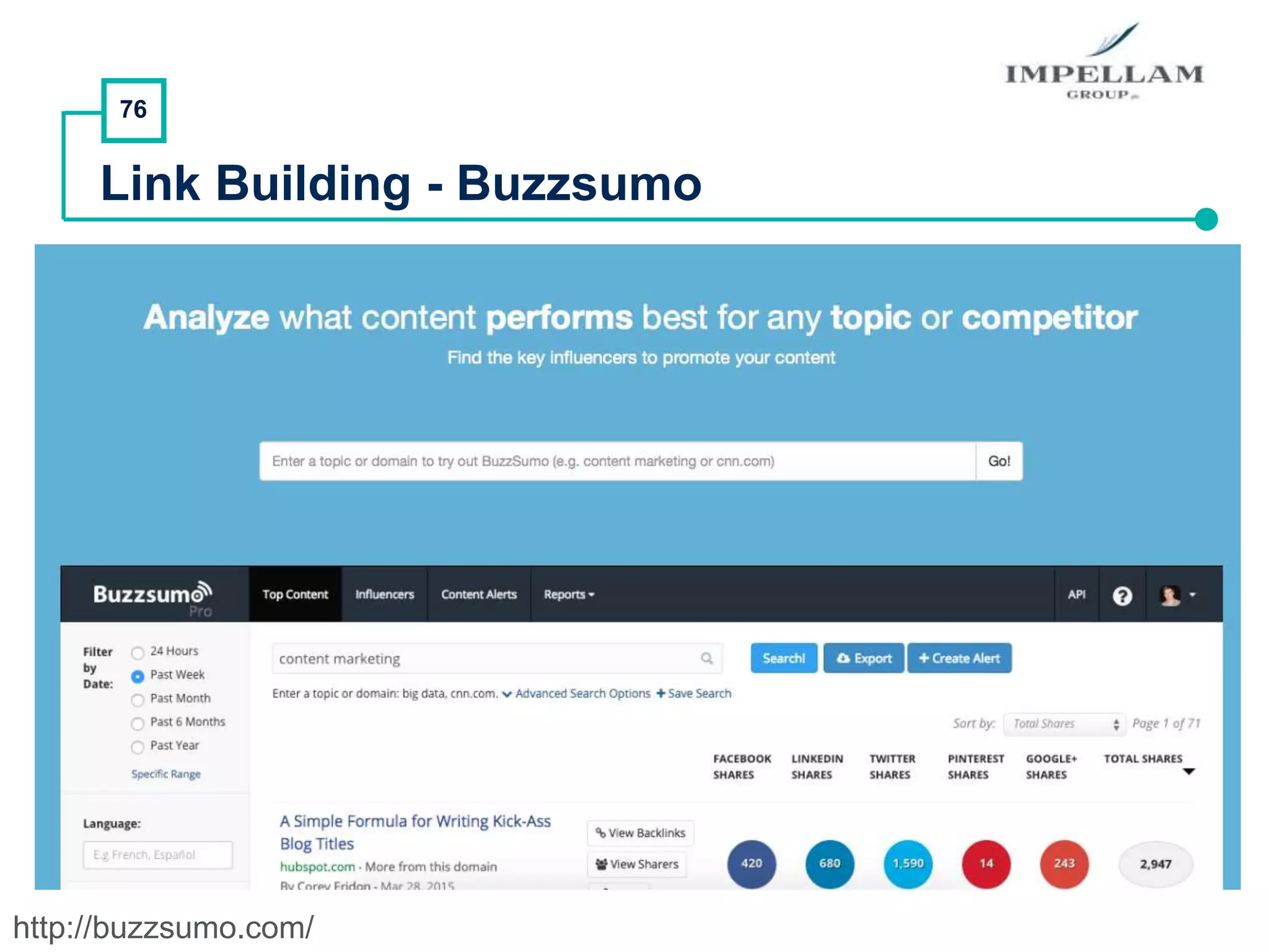 76
Link Building - Buzzsumo
http://buzzsumo.com/
 