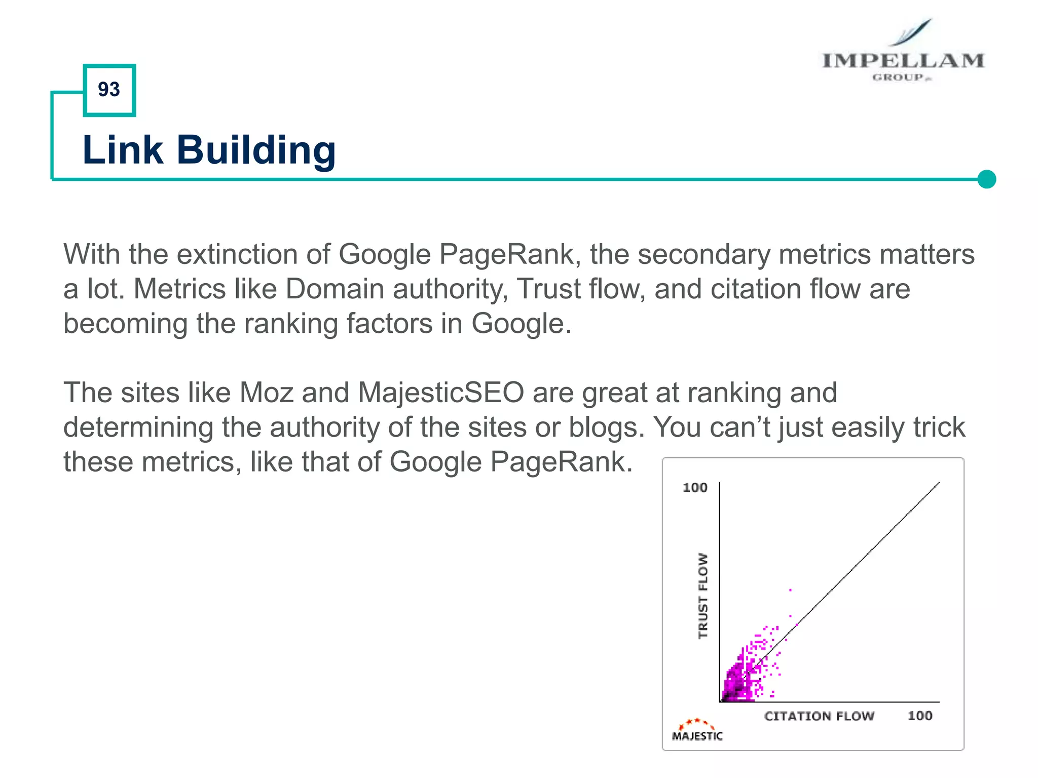 93
Link Building
With the extinction of Google PageRank, the secondary metrics matters
a lot. Metrics like Domain authority, Trust flow, and citation flow are
becoming the ranking factors in Google.
The sites like Moz and MajesticSEO are great at ranking and
determining the authority of the sites or blogs. You can’t just easily trick
these metrics, like that of Google PageRank.
 