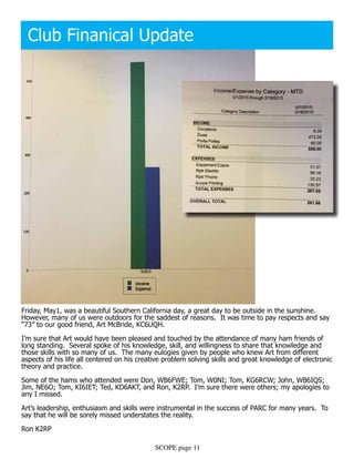 SCOPE page 11
Club Finanical Update
Friday, May1, was a beautiful Southern California day, a great day to be outside in the sunshine.
However, many of us were outdoors for the saddest of reasons. It was time to pay respects and say
“73” to our good friend, Art McBride, KC6UQH.
I’m sure that Art would have been pleased and touched by the attendance of many ham friends of
long standing. Several spoke of his knowledge, skill, and willingness to share that knowledge and
those skills with so many of us. The many eulogies given by people who knew Art from different
aspects of his life all centered on his creative problem solving skills and great knowledge of electronic
theory and practice.
Some of the hams who attended were Don, WB6FWE; Tom, W0NI; Tom, KG6RCW; John, WB6IQS;
Jim, NE6O; Tom, KI6IET; Ted, KD6AKT, and Ron, K2RP. I’m sure there were others; my apologies to
any I missed.
Art’s leadership, enthusiasm and skills were instrumental in the success of PARC for many years. To
say that he will be sorely missed understates the reality.
Ron K2RP
 