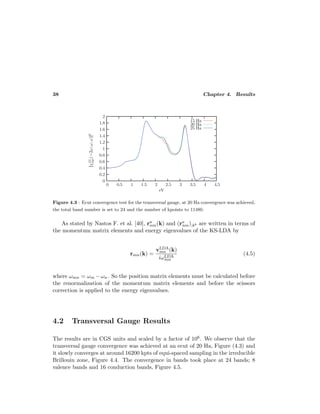 38 Chapter 4. Results
Figure 4.3 : Ecut convergence test for the transversal gauge, at 20 Ha convergence was achieved,
the total band number is set to 24 and the number of kpoints to 11480.
As stated by Nastos F. et al. [40], ra
nm(k) and (ra
nm);kb are written in terms of
the momentum matrix elements and energy eigenvalues of the KS-LDA by
rmn(k) =
vLDA
mn (k)
iωLDA
mn
(4.5)
where ωmn = ωm −ωn. So the position matrix elements must be calculated before
the renormalization of the momentum matrix elements and before the scissors
correction is applied to the energy eigenvalues.
4.2 Transversal Gauge Results
The results are in CGS units and scaled by a factor of 106. We observe that the
transversal gauge convergence was achieved at an ecut of 20 Ha, Figure (4.3) and
it slowly converges at around 16200 kpts of equi-spaced sampling in the irreducible
Brillouin zone, Figure 4.4. The convergence in bands took place at 24 bands; 8
valence bands and 16 conduction bands, Figure 4.5.
 