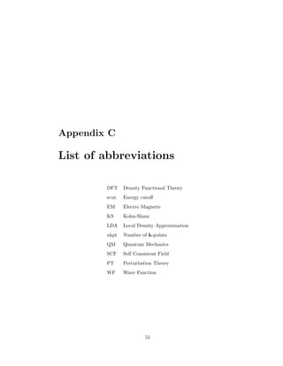 Appendix C
List of abbreviations
DFT Density Functional Theory
ecut Energy cutoﬀ
EM Electro Magnetic
KS Kohn-Sham
LDA Local Density Approximation
nkpt Number of k-points
QM Quantum Mechanics
SCF Self Consistent Field
PT Perturbation Theory
WF Wave Function
51
 