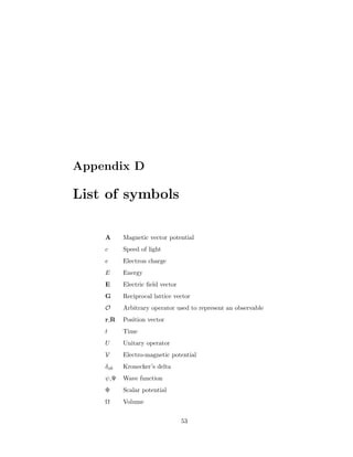 Appendix D
List of symbols
A Magnetic vector potential
c Speed of light
e Electron charge
E Energy
E Electric ﬁeld vector
G Reciprocal lattice vector
O Arbitrary operator used to represent an observable
r,R Position vector
t Time
U Unitary operator
V Electro-magnetic potential
δab Kronecker’s delta
ψ,Ψ Wave function
Φ Scalar potential
Ω Volume
53
 