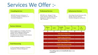 Services We Offer :-
BPO.KPO Enterprise Architecture, IT
Governance, strategic cost Reduction, IT
Investment Management,
Consulting Services
Business Applications, E-Enabling, Third Party
Testing, DW/BI, Application Maintenance,
Banking, Telecom, HealthCare, Retail,
Consultation for any business Domain Solutions
designing marketing strategy.
Business Solutions
BPO.KPO voice , Manage IT- Data
Centre, End-user, Help Desk, Telecom
Management, Application Support,
XML Convertion.
Professional Services
Networking, Personal, Enterprise, HPC,
Storage, Call centre, Software,
Enterprise Management and Security
Infrastructure Services
IT, Process Strategy Formulation, IT Portfolio
Management, Transition Management
Total Outsourcing
 