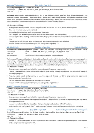 3 of 3
Asclepius Technologies Dec 2010 – June 2013 Technical Lead/Architect
Property Management System for AGMC, US
Technologies : C#.Net 3.0, ASP.Net 3.0, WCF, Ajax, Silver Light, XML, Sqlserver 2005.
Team size : 10
Description: Rent Gamut is developed by MOPAT Inc. as per the specifications given by “AGMC property managers”. The
American Gardens Management Corporation (AGMC) group which owns many property management companies in the
United States decided to create a unique intelligent, pivotal system which would centralize all functions and provide instant
access to managers from anywhere, anytime beating the constraints of time and distance.
Job Accountabilities:
 Participated in the requirement analysis and participated in a team of four in all phases of development
(New and rewrite existing functionalities).
 Designed and developed the whole architecture of the project.
 Track progress and review project tasks to make certain deadlines are met appropriately.
 Conduct regular status meetings with all stakeholders,keeping the stakeholder’s needs and requirements continuously in
view.
 Troubleshoot technical issues when the need arises, and escalating appropria tely as needed.
 Involved in GUI, database, system designing and coding and using C#.Net 3.0
KMG InfoTech Jan 2010 – Sept 2010 Technical Leader
Advanced Insurance Management System (AIMS) for Berwind Prop erty Group Ltd., Philadelphia. USA
Technologies : C#.Net 3.5, ASP.Net 3.5, WCF, Ajax, Silver Light, XML, Sqlserver 2005.
Team size : 12
Design Patterns : Factory Pattern, Abstract Factory Pattern, Singleton Pattern
The Insurance Management Solution is designed to proficiently perform all the functions of an insurance company such as
underwriting / policy administration claims management, marking management, Endorsement, reinsurance, collection and
accounting. The entire functionality is built in following phases incrementally: Modules are Policy Management (Policy
issuance, renewal, endorsing, etc.), Claims Management. Finance and Marketing Management.
Job Accountabilities:
 Develop project scope, goals and schedules in accordance with customer requirements.
 Creating a plan,executing a plan,and adjusting the plan as necessary. Estimate the resources and participants needed to
achieve project goals.
 Preparing status reports and presenting to upper management. Develop and deliver progress reports requirements
documentation and presentations.
 Tracking the status of the pending tasks; maintaining issue logs.
 Involved in GUI, database, system designing and coding and using C#.Net 3.0
MOPAT Business Solutions Oct 2007 – Dec 2009 Team Leader
ERP for Marco Polo Asia Zone, Bangkok, Thailand
Technologies : C#.Net 2.0, ASP.Net 2.0, XML, Sqlserver 2000.
Team size : 9
Job Accountabilities:
 Develop project scope, goals and schedules in accordance with customer requirements.
 Participated in the requirement analysisand participated in a team of four in all phases of development (New and rewrite
existing functionalities).
 Involved in creation and design of database changes, stored procedures, User Defined Functions.
 Understanding and analyzing the client’s requirement and involved in GUI, database, system designing and coding.
Computer Land July 2003 – Sept 2007 Software Engineer/Sr. Software Engineer
Credit Management System for United Services Automobile Association, San Antonio, Tx , USA.
Technologies : C#.Net 2.0, ASP.Net 2.0, XML, Sqlserver 2000.
Team size : 6
Job Accountabilities:
 Involved in Coding/Development of Application/Reports and Involved in Database design and prepared SQL statements
for the complex reports required for MIS.
 