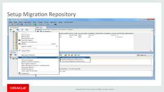Copyright	
  ©	
  2014,	
  Oracle	
  and/or	
  its	
  aﬃliates.	
  All	
  rights	
  reserved.	
  	
  |	
  
Setup	
  Migra@on	
  Repository	
  
 