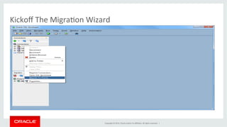 Copyright	
  ©	
  2014,	
  Oracle	
  and/or	
  its	
  aﬃliates.	
  All	
  rights	
  reserved.	
  	
  |	
  
Kickoﬀ	
  The	
  Migra@on	
  Wizard	
  
 