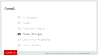 Copyright	
  ©	
  2014,	
  Oracle	
  and/or	
  its	
  aﬃliates.	
  All	
  rights	
  reserved.	
  	
  |	
  
Agenda	
  
Introduc@on	
  
Context	
  
Transi@on	
  Lifecycle	
  
Product	
  Changes	
  
Opera@onal	
  Perspec@ve	
  
Lessons	
  Learned	
  
1	
  
2	
  
4	
  
5	
  
6	
  
Oracle	
  Conﬁden@al	
  –	
  Internal/Restricted/Highly	
  Restricted	
   29	
  
3	
  
 
