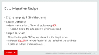 Copyright	
  ©	
  2014,	
  Oracle	
  and/or	
  its	
  aﬃliates.	
  All	
  rights	
  reserved.	
  	
  |	
  
Data	
  Migra@on	
  Recipe	
  
•  Create	
  template	
  PDB	
  with	
  schema	
  	
  
•  Source	
  Database	
  
– Generate	
  data	
  dump	
  ﬁle	
  for	
  all	
  tables	
  using	
  BCP	
  
– Transport	
  ﬁles	
  to	
  the	
  data	
  center	
  /	
  server	
  as	
  needed	
  
•  Target	
  Database	
  
• Clone	
  the	
  template	
  PDB	
  for	
  each	
  tenant	
  in	
  the	
  target	
  server	
  
– Leverage	
  SQLLDR	
  to	
  import	
  data	
  for	
  all	
  the	
  tables	
  into	
  the	
  database	
  
– Enable	
  all	
  indexes	
  and	
  constraints	
  
	
  
Oracle	
  Conﬁden@al	
  –	
  Internal/Restricted/Highly	
  Restricted	
   39	
  
 