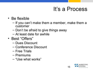 It’s a Process
15
• Be flexible
– If you can’t make them a member, make them a
customer
– Don’t be afraid to give things away
– At least date for awhile
• Best “Offers”
– Dues Discount
– Conference Discount
– Free Trials
– Premiums
– “Use what works”
 