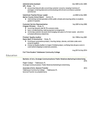 Administrative Assistant Mar 2005 to Oct 2005
UPS - Ocala  FL
answeringinbound calls concerning customer concerns, keeping inventoryof
packages,entering data and communicating with drivers to enhance customer
satisfaction
Substitute Teacher/Group Leader Jul2002 to Mar 2005
Marion County School Board  Marion,FL
maintaining normaloperation within public schools and ensuringsafety to students
grades K-6 grades
Customer Service Representative Sep 2001to Sep 2002
Cingular WirelessOcala, FL
receiving inbound calls 50-70 customers daily
basic troubleshooting, making payment arrangements
reviewing customer accounts and changing rate plans to fit their needs allwithin
schedule adherence objectives.
Finisher/ Quality Auditor Oct 1998 to Sep 2001
Dayco Mark IV Automotive Ocala, FL
finishingan automotive product, insuring clamps, sleeves, and date codes were
properly applied.
chosen as Quality Auditor to inspect finished product,verifying that allspecs were in
code before shipping to externalcustomers.
Aug 2013 to Sep 2014
Full Time Student Tallahassee Community College
Education
Bachelor of Arts,Strategic Communications/ Public Relations Marketing & Advertising
2016
Flagler College  Tallahassee,FL
StrategicCommunications/ Public Relations Marketing & Advertising
Associate of Arts,General Transfer 2014
Tallahassee Community College  Tallahassee,FL
GeneralTransfer Accomplishments
 