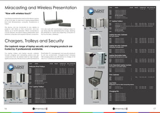 16 17lphaproductsDelivering solutions for the future
αlphaproductsDelivering solutions for the future
α
Chargers, Trolleys and Security
Miracasting and Wireless Presentation
Our Lapbank range of laptop security and charging products are
trusted by IT professionals worldwide.
“Now with wireless touch”
Our laptop trolleys and laptop security cabinets
include charging and networking options and are
constructed from all welded steel for high strength,
rigidityandsecurity.Wealsostockasuiteofprofessional
A professional presentation device that allows a group
of up to 64 users, to take turns in giving presentations
from their Windows/Mac computer, Smartphone or
Tablet.
The device can be connected to any display or
projector with HDMI or VGA connection, and can
display up to full HD resolution. When connected to
a local network, the device allows presentation from
network computers and supports internet connection.
Can also work with touchscreens making it ideal for
use along side the AlphaInteractive range, allowing
the presenter to control the projecting computer on
the touchscreen, wirelessly!
iPad/Tablet PC management and security products
to suit any environment. ChargeConnect Universal
USB charging allows any USB device to charge at full
rate, 8 or 16 devices simultaneously.
CODE	 MODEL	 DOORS	 WEIGHT	 LAPBANK SIZE	 MAX. LAPTOP SIZE
				 h w d	 h w d
Netbook/iPad Trolleys
6026	 Lapbank mini 16	 2	 52kg	 955 x 500 x 670	 70 x 360 x 230
6028	 Lapbank mini 20	 2	 58kg	 1120 x 500 x 670	 70 x 360 x 230
6029	 Lapbank mini 24	 2	 64kg	 1275 x 500 x 670	 70 x 360 x 230
6027	 Lapbank mini 32	 2	 94kg	 1220 x 550 x 800	 60 x 340 x 250
	 CHARGING (RCD protected with soft start, surge protection and mains conditioner)
6176	 Lapbank 16 charging kit	
6180	 Lapbank 20 charging kit	
6184	 Lapbank 24 charging kit	
6192	 Lapbank 32 charging kit	
	 SECURE DOCKING
6210	 For Lapbank mini 16, 20, 24	
6211	 For Lapbank mini 32	
15.6” Laptop Trolleys
6010	 Lapbank 8 x 15.6” trolley	 2	 52kg	 955 x 500 x 670	 70 x 400 x 370
6020	 Lapbank 10 x 15.6” trolley	 2	 58kg	 1120 x 500 x 670	 70 x 400 x 370
6025	 Lapbank 12 x 15.6” trolley	 4	 64kg	 1275 x 500 x 670	 70 x 400 x 370
6030	 Lapbank 16 x 15.6” trolley	 4	 82kg	 960 x 600 x 800	 65 x 410 x 320
6040	 Lapbank 20 x 15.6” trolley	 4	 94kg	 1120 x 600 x 800	 65 x 410 x 320
6045	 Lapbank 24 x 15.6” trolley	 4	 106kg	 1275 x 600 x 800	 65 x 410 x 320
6060	 Lapbank 30 x 15.6” trolley	 4	 121kg	 1385 x 600 x 800	 65 x 410 x 320
	 CHARGING (RCD protected with soft start, surge protection and mains conditioner)
6168	 Lapbank 8 charging kit	
6170	 Lapbank 10 charging kit	
6172	 Lapbank 12 charging kit	
Trolleys for Netbooks/iPads
Trolleys for up to 15.6” laptops
CODE	 MODEL	 DOORS	 WEIGHT	 LAPBANK SIZE	 MAX. LAPTOP SIZE
				 h w d	 h w d
6176	 Lapbank 16 charging kit	
6180	 Lapbank 20 charging kit	
6184	 Lapbank 24 charging kit	
6190	 Lapbank 30 charging kit	
	 SECURE DOCKING
6210	 For Lapbank 8, 10 & 12	
6220	 For Lapbank 16, 20, 24 & 30
17” Laptop Trolleys
6031	 Lapbank 16 x 17” trolley	 4	 84kg	 960 x 550 x 1000	 65 x 435 x 320
6041	 Lapbank 20 x 17” trolley	 4	 96kg	 1250 x 550 x 1000	 65 x 435 x 320
	 CHARGING (RCD protected with soft start, surge protection and mains conditioner)
6176	 Lapbank 16 charging kit	
6180	 Lapbank 20 charging kit	
	 SECURE DOCKING
6222	 For Lapbank 16 & 20
Laptop Security Cabinets
Two Door Cabinets
6305	 Lapbank 6 Cabinet	 2	 45kg	 630 x 600 x 450	 85 x 340 x 370
6310	 Lapbank 8 Cabinet	 2	 49kg	 825 x 600 x 450	 85 x 340 x 370
6320	 Lapbank 12 Cabinet	 2	 57kg	 1180 x 600 x 450	 85 x 340 x 370
6330	 Lapbank 15 Cabinet	 2	 65kg	 1460 x 600 x 450	 85 x 340 x 370
Laptop Security Cabinets
Individually Lockable Doors
6510	 Lapbank Letterbox 5	 5	 38kg	 810 x 450 x 450	 105 x 360 x 360
6520	 Lapbank Letterbox 8	 8	 48kg	 1240 x 450 x 450	 105 x 360 x 360
6540	 Lapbank Vehicle Safe	 1	 15kg	 140 x 330 x 410	 100 x 300 x 380
Laptop Stackable Safes
Modular Units stacked up to 6 high
6410	 Lapbank Lapstack 1	 1	 20kg	 270 x 490 x 530	 200 x 485 x 485
6420	 Lapbank Lapstack 5	 5	 90kg	 1450 x 490 x 530	 200 x 485 x 485
6421	 Lapbank Lapstack 6	 6	 108kg	 1725 x 490 x 530	 200 x 485 x 485
Coin Operated Laptop Lockers
Coin return or coin retain options
6610	 Coin-op Coin Return 3	 3	 30kg	 580 x 450 x 450	 134 x 446 x 370
6620	 Coin-op Coin Return 6	 7	 65kg	 1140 x 580 x 500	 360 x 200 x 460
6630	 Coin-op Coin Return 6	 7	 65kg	 1140 x 580 x 500	 360 x 200 x 460
PDA Cabinets
6340	 PDA Floor Bank 30	 1	 78kg	 1760 x 450 x 400	 110 x 300 x 370
0601	 PDA Wall Bank 12	 2	
0600	 PDA Wall Bank 24	 2	
Lap-Porta
Ruggedized case for safely transporting laptops
0610	 Lap-Porta 10	 1	 17kg	 810 x 585 x 480	 Custom
0621	 Lap Porta mini 20	 1	 17kg	 810 x 585 x 480	 Custom
Charging Kits
6165	 Lapbank 5 charging kit	
6166	 Lapbank 6 charging kit	
6168	 Lapbank 8 charging kit	
6170	 Lapbank 10 charging kit	
6172	 Lapbank 12 charging kit	
6175	 Lapbank 15 charging kit
Laptop Security Cabinets
Laptop Stackable Safes
Coin Operated
Laptop Lockers
Lap-Porta
Charging Kits
Trolleys for up to 17” laptops
 