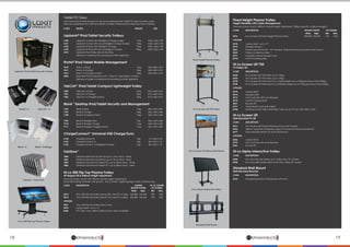 18 19lphaproductsDelivering solutions for the future
αlphaproductsDelivering solutions for the future
α
Tablet PC Sizes
Loxit manufacture their products to accommodate popular tablet PC sizes including cases.
Sizes are categorized by width and depth of tablet. Please advise tablet size when ordering.
CODE	MODEL	 WEIGHT	 SIZE
Lapbank® iPad/Tablet Security Trolleys
6100	 Lapbank 16 iPad with Intelligent Charge (Large)	 71kg	 1045 x 660 x 700
6101	 Lapbank 16 iPad with Sync/Intelligent Charge (Large)	 72kg	 1045 x 660 x 700
6102	 Lapbank 32 iPad with Intelligent Charge	 79kg	 1045 x 660 x 700
6103	 Lapbank 32 iPad with Sync/Intelligent Charge	 80kg	 1045 x 660 x 700
6212	 Lapbank iPad Trolley Secure Docking		
	 Delivery to mainland UK excluding Scottish Highlands		
iPorta® iPad/Tablet Mobile Management
7410	 iPorta 16 Store	 16kg	 400 x 800 x 510
7411	 iPorta 16 Charge	 18kg	 400 x 800 x 510
7412	 iPorta 16 ChargeConnect	 18kg	 400 x 800 x 510
6006	 Extended iPorta Warranty from 1 Year to 5 Years Return to Base		
	 Delivery on pallet to mainland UK excluding Scottish Highlands
TabCart™ iPad/Tablet Compact Lightweight Trolley
7430	 TabCart 16 Store	 31kg	 815 x 660 x 510
7431	 TabCart 16 Charge	 33kg	 815 x 660 x 510
7432	 TabCart 16 ChargeConnect	 33kg	 815 x 660 x 510
iBank™ Desktop iPad/Tablet Security and Management
7706	 iBank 8 Store	 12kg	 360 x 300 x 360
7707	 iBank 8 Charge	 14kg	 360 x 300 x 360
7708	 iBank 8 ChargeConnect	 14kg	 360 x 300 x 360
7709	 iBank 8 Wedge Store	 9kg	 360 x 300 x 360
7710	 iBank 8 Wedge Charge	 11kg	 360 x 300 x 360
7711	 iBank 8 Wedge ChargeConnect	 11kg	 360 x 300 x 360
ChargeConnect™ Universal USB Charge/Sync
6120	 ChargeConnect 8	 2kg	 75 x 260 x 126
6123	 ChargeConnect 16	 2kg	 80 x 325 x 115
6125	 ChargeConnect 16 Intelligent Charge	 2kg	 80 x 325 x 115
TabStore™
7840	 TabStore Desk Rack 8 Devices up to 15mm thick - White	
7841	 TabStore Desk Rack 8 Devices up to 15mm thick - Clear	
7845	 TabStore Toast Rack 8 Tablet PC’s up to 28mm thick - White	
7846	 TabStore Toast Rack 8 Tablet PC’s up to 28mm thick - Clear
Hi-Lo 500 Flip Top Plasma Trolley
90 Degree Tilt & 500mm Height Adjustment
Universal screen mount with 500mm electric height adjustment.
Share technology between user groups - touch screen, digital signage, video conferencing.
CODE	 DESCRIPTION	 SCREEN	 HT. TO CENTRE
		 MOUNT POINTS	 OF SCREEN
		 Wide		 High	 Min		 Max
8514	 Hi-Lo 500 Flip Top Trolley Manual Tilt, max 55” or 55kg	 200-880		100-440	 700		 1200
8515	 Hi-Lo 500 Flip Top Trolley Electric Tilt, max 55” or 55kg	 200-880		100-440	 700		 1200
OPTIONS
8521	 Hi-Lo 500 Flip Top Trolley Base Cover
8970	 Laptop Shelf - up to 17”
8520	 PC Case 110w x 440h x 330d (custom sizes available)
Lapbank® iPad/Tablet Security Trolleys
iPorta® 16 TabCart™ 16
iBank™ 8 iBank™ 8 Wedge
Tabstore™ Desk Rack
Fixed Height Plasma Trolley
Height Flexibility with Cable Management
Universal screen mounts. 800mm manual height adjustment, 100kg capacity, cable managed.
CODE	DESCRIPTION	 MOUNT POINTS	 OF SCREEN
		 Wide		 High	 Min		Max
8996	 Hi-Lo Screen Lift Fixed Height Plasma Trolley	 200-800		100-440	 750		1550
OPTIONS
8970	 Laptop Shelf - up to 17”	
8972	 Speaker Shelves	
8601	 Screen Security Kit (42” - 65” Screens). Prevents removal of screen from mount	
8969	 Video Conference Shelf	
8971	 Lockable Laptop Storage Case	
8974	 AV/PC/Gaming Shelf	
Hi-Lo Screen Lift 750
TV Trolley Lift
CODE	DESCRIPTION
8960	 Hi-Lo Screen Lift 750 Trolley up to 100kg
8964	 Hi-Lo Screen Lift 750 Trolley up to 120kg
8750	 Hi-Lo Screen Lift Multi-Mount 2 x 2 Fixed Height up to 100kg per Mount total 200kg
8760	 Hi-Lo Screen Lift Multi-Mount 2 x 2 Electric Height up to 100kg per Mount total 200kg
OPTIONS
8970	 Laptop Shelf
8972	 Speaker Shelf
8973	 Anti-Crush Bar with Auto-Reverse
8974	 AV/PC/Gaming Shelf
8601	 Security Kit
8771	 Vanity Base Cover (per trolley)
8780	 Multi-Mount 2x2 Video Wall Flight Case (up to 47”) x2 1250 x 820 x 1625
Hi-Lo Screen Lift
Wall Mounted TV Lift
CODE	DESCRIPTION
8961	 Hi-Lo Screen Lift Plasma Wall Mount up to 65” Screen
8963	 300mm Long Pair of Extension Legs to Convert into Floor Mounted Lift
8977	 Easy Install Bracket Kit for SL750 Wall Mount
OPTIONS
8556	 Laptop Shelf
8973	 Anti-Crush Bar with Auto-Reverse
8601	 Security Kit
Hi-Lo Alpha Interactive Trolley
CODE	DESCRIPTION
8505	 Hi-Lo Duo Flip Top Trolley up to 100kg Max 70” Screen
8945	 Hi-Lo Duo 680 Mobile LED/LCD Lift Max 100kg 70” Screen
Standard Wall Mount
Wall Mounted Bracket
CODE	DESCRIPTION
8563	 Standard Wall Mount Backplate with arms
Hi-Lo 500 Flip Top Plasma Trolley
Fixed Height Plasma Trolley
Hi-Lo Screen Lift 750 Trolley
Hi-Lo Screen Lift Plasma Wall Mount
Hi-Lo Alpha Interactive Trolley
Standard Wall Mount
 