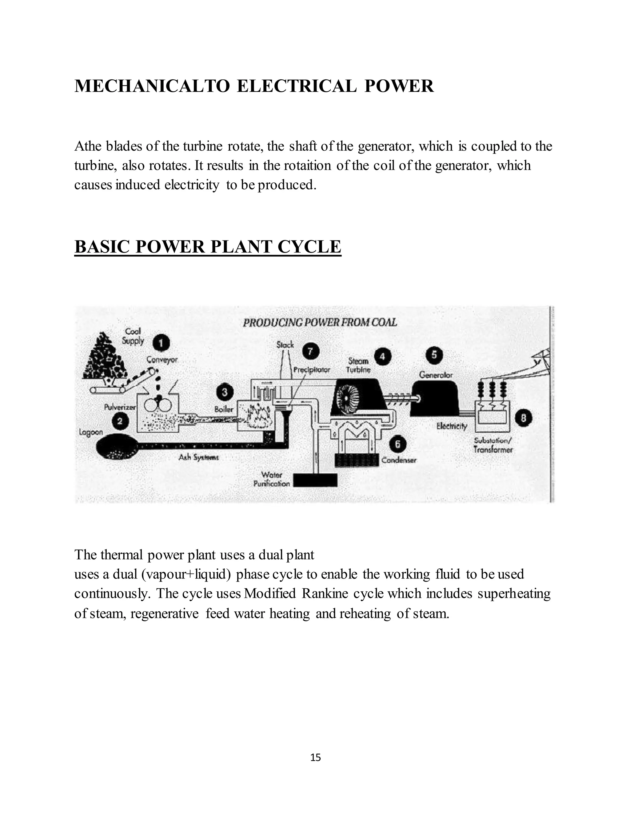15
MECHANICALTO ELECTRICAL POWER
Athe blades of the turbine rotate, the shaft of the generator, which is coupled to the
turbine, also rotates. It results in the rotaition of the coil of the generator, which
causes induced electricity to be produced.
BASIC POWER PLANT CYCLE
The thermal power plant uses a dual plant
uses a dual (vapour+liquid) phase cycle to enable the working fluid to be used
continuously. The cycle uses Modified Rankine cycle which includes superheating
of steam, regenerative feed water heating and reheating of steam.
 