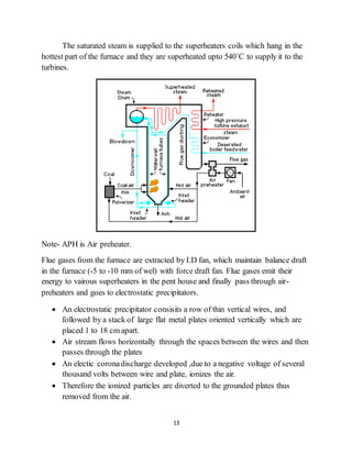 13
The saturated steam is supplied to the superheaters coils which hang in the
hottest part of the furnace and they are superheated upto 540˚C to supply it to the
turbines.
Note- APH is Air preheater.
Flue gases from the furnace are extracted by I.D fan, which maintain balance draft
in the furnace (-5 to -10 mm of wel) with force draft fan. Flue gases emit their
energy to vairous superheaters in the pent house and finally pass through air-
preheaters and goes to electrostatic precipitators.
 An electrostatic precipitator consisits a row of thin vertical wires, and
followed by a stack of large flat metal plates oriented vertically which are
placed 1 to 18 cm apart.
 Air stream flows horizontally through the spaces between the wires and then
passes through the plates
 An electic coronadischarge developed ,due to a negative voltage of several
thousand volts between wire and plate, ionizes the air.
 Therefore the ionized particles are diverted to the grounded plates thus
removed from the air.
 