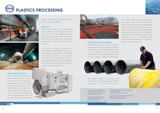 2120
INDUSTRIAL PLASTICS PROCESSING
SCHAUENBURG INTERNATIONAL caters to a
wide range of industrial plastics processing
requirements. Our special expertise in prod-
uct development and manufacturing
enables us to create individualised products
to meet specific customer requirements.
Innovations in plastic is our slogan, and
one we strive to uphold by working constantly
to improve our materials and ­products.
On commission from customers, we produce
high-quality warm air ducts, composite
products of all kinds for industrial applications,
pillar bags and recovery anchors and dog
agility tunnels. We also offer a lightweight,
durable and easy-to-handle encapsulated
wire permanent formwork system called
Novoform, which is a professional and
cost-effective replacement for traditional
timber in-ground frameworks.
PLASTICS PROCESSING
VENTILATION TECHNOLOGY
Modern ventilation technology
has two main functions: to sup-
ply fresh air to underground
workplaces, and to extract used
air and harmful gases in a con-
trolled manner. For more than
50 years now, our ventilation pro-
ducts have been achieving suc-
cess in markets all over the world.
Our extensive range includes layflat
ducting, spiral ducting, fibreglass ducting
and duct storage cassettes.
AIR QUALITY
Mining and tunnelling are far from being
the only areas in which air quality control is
one of the most vital measures required­
in order to make work environments safer.
Many other industrial sectors have similar
requirements – a challenge we are happy
to tackle.
The plastics processing companies in
SCHAUENBURG INTERNATIONAL have exten-
sive portfolios and can offer a wide variety
of solutions. In addition to cooling systems
for mining and tunnelling, our range in-
cludes ventilators and fans as well as airflow
and gas flow monitors, silencers and wet or
dry dust extracting equipment.
SCHAUENBURG FLEXADUX CORP.
Grand Junction, Colorado, USA
Fairmont, West Virginia, USA
www.schauenburg-us.com
SCHAUENBURG INDUSTRIES LTD.
North Bay, Ontario, Canada
www.schauenburg.ca
SCHAUENBURG TECHNICAL SOLUTIONS LTD.
Gainsborough, UK
www.schauenburg-tech.co.uk
SCHAUENBURG TUNNEL-VENTILATION GMBH
Mülheim an der Ruhr, Germany
www.tunnel-ventilation.de
 
