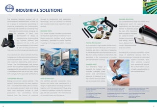 2726
INDUSTRIAL SOLUTIONS
The Industrial Solutions business unit of
SCHAUENBURG INTERNATIONAL is made up
of a group of companies specialising in
elastomer engineering and thermoplastic
technology. We operate as a one-stop shop
– dedicated problem-solvers bringing our
full expertise to bear, from
development to design to
manufacturing, and providing
our business partners with
solutions that are in line with
the requirements of the market
as well as being environmen-
tally sound and technologically sophisticated.
Our customers are drawn primarily from key
industries such as the automotive and pharma-
ceuticals/chemicals sectors, machinery
and equipment, shipbuilding, defence tech­
nology, the food/beverages and energy
sectors and household appliances/electrical
engineering. We are qualified and accredited
in accordance with DIN EN ISO 9001, along
with a range of other specialist certifications.
CUSTOMISED SERVICES
Basing our work on a simple premise – the
perfect, flexible solution for every applica-
tion – we collaborate closely with our custom-
ers, developing product ideas and taking
them from prototype through to mass
production. Our consultancy service
extends from the choice of materials
through to construction and application
technology, and our portfolio of services
also includes mobile hose inspection and oil
analysis.
MOULDED PARTS
Our range includes moulded components
for industrial applications of all kinds. Our in-
house production facilities, which include
toolmaking, specialise in plastic injection
moulding technology and rubber moulded
parts.
HOSE TECHNOLOGY
Our certified specialist companies manu-
facture and refine ­hose assemblies for a
range of applications including hydraulics,
together with the appropriate fittings using
a variety of different connection technolo-
gies. We also specialise in the manufacture
of moulded hoses and fire sleeves.
PROFILE TECHNOLOGY
As a specialist in high-quality profiles manu-
factured to meet individual customer speci-
fications, we offer a high level of expertise
in the development and manufacture of pro-
files from various material combinations. We
specialise in the manufacture of profiles
with self-adhesive coatings.
STAMPED PARTS
Our extensive range of
products for industry also
includes stamped parts,
blanks and semi-finished
products. In addition to all
the common forms of rubber,
we also process foam rubber.
TAILORED SOLUTIONS
Our comprehensive range is rounded off by
engineered parts for special
applications and the manu-
facture of assembly groups.
We also offer individual-
ised concepts in the fields
of rubber-to-metal
bonded components
and fittings, and in
waste disposal tech-
nology, drive technology
and reel systems.
Rounding off our product portfolio is a wide
range of additional services, from the
technical testing of materials to customised
logistics concepts. Tech-
nical solutions coupled
with exceptional service:
this is what makes us such
a highly valued partner to
the industrial sector.
BPT BAYERISCHE PROFILTECHNIK GMBH
Parsdorf, Germany
www.bpt.de
C+L INDUSTRIETECHNIK GMBH
Nuremberg, Germany
Erfurt, Germany
www.clindustrietechnik.de
FISCHER INDUSTRIETECHNIK GMBH
Korntal-Münchingen, Germany
www.fischer-industrietechnik.de
SCHAUENBURG TECHNICAL SOLUTIONS LTD.
Gainsborough, UK
www.schauenburg-tech.co.uk
SCHWALENBERG INDUSTRIETECHNIK GMBH
Mülheim an der Ruhr, Germany
www.schwalenberg-industrietechnik.de
VIGOT INDUSTRIETECHNIK GMBH
Bremen, Germany
Rhein-Main, Germany
www.vigot.de
 
