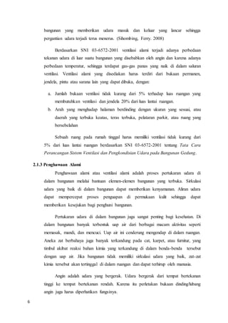 6
bangunan yang memberikan udara masuk dan keluar yang lancar sehingga
pergantian udara terjadi terus menerus. (Sihombing, Ferry. 2008)
Berdasarkan SNI 03-6572-2001 ventilasi alami terjadi adanya perbedaan
tekanan udara di luar suatu bangunan yang disebabkan oleh angin dan karena adanya
perbedaan temperatur, sehingga terdapat gas-gas panas yang naik di dalam saluran
ventilasi. Ventilasi alami yang disediakan harus terdiri dari bukaan permanen,
jendela, pintu atau sarana lain yang dapat dibuka, dengan:
a. Jumlah bukaan ventilasi tidak kurang dari 5% terhadap luas ruangan yang
membutuhkan ventilasi dan jendela 20% dari luas lantai ruangan.
b. Arah yang menghadap halaman berdinding dengan ukuran yang sesuai, atau
daerah yang terbuka keatas, teras terbuka, pelataran parkir, atau ruang yang
bersebelahan
Sebuah ruang pada rumah tinggal harus memiliki ventilasi tidak kurang dari
5% dari luas lantai ruangan berdasarkan SNI 03-6572-2001 tentang Tata Cara
Perancangan Sistem Ventilasi dan Pengkondisian Udara pada Bangunan Gedung.
2.1.3 Penghawaan Alami
Penghawaan alami atau ventilasi alami adalah proses pertukaran udara di
dalam bangunan melalui bantuan elemen-elemen bangunan yang terbuka. Sirkulasi
udara yang baik di dalam bangunan dapat memberikan kenyamanan. Aliran udara
dapat mempercepat proses penguapan di permukaan kulit sehingga dapat
memberikan kesejukan bagi penghuni bangunan.
Pertukaran udara di dalam bangunan juga sangat penting bagi kesehatan. Di
dalam bangunan banyak terbentuk uap air dari berbagai macam aktivitas seperti
memasak, mandi, dan mencuci. Uap air ini cenderung mengendap di dalam ruangan.
Aneka zat berbahaya juga banyak terkandung pada cat, karpet, atau furnitur, yang
timbul akibat reaksi bahan kimia yang terkandung di dalam benda-benda tersebut
dengan uap air. Jika bangunan tidak memiliki sirkulasi udara yang baik, zat-zat
kimia tersebut akan tertinggal di dalam ruangan dan dapat terhirup oleh manusia.
Angin adalah udara yang bergerak. Udara bergerak dari tempat bertekanan
tinggi ke tempat bertekanan rendah. Karena itu perletakan bukaan dinding/lubang
angin juga harus diperhatikan fungsinya.
 