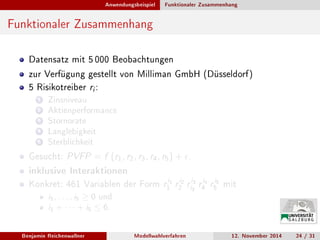 Anwendungsbeispiel Funktionaler Zusammenhang
Funktionaler Zusammenhang
Datensatz mit 5 000 Beobachtungen
zur Verfügung gestellt von Milliman GmbH (Düsseldorf)
5 Risikotreiber ri :
1 Zinsniveau
2 Aktienperformance
3 Stornorate
4 Langlebigkeit
5 Sterblichkeit
Gesucht: PVFP = f (r1, r2, r3, r4, r5) + .
inklusive Interaktionen
Konkret: 461 Variablen der Form ri1
1 ri2
2 ri3
i3 ri4
4 ri5
5 mit
i1, . . . , i5 ≥ 0 und
i1 + · · · + i5 ≤ 6.
Benjamin Reichenwallner Modellwahlverfahren 12. November 2014 24 / 31
 