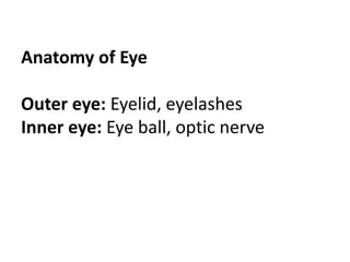 Anatomy of Eye
Outer eye: Eyelid, eyelashes
Inner eye: Eye ball, optic nerve
 