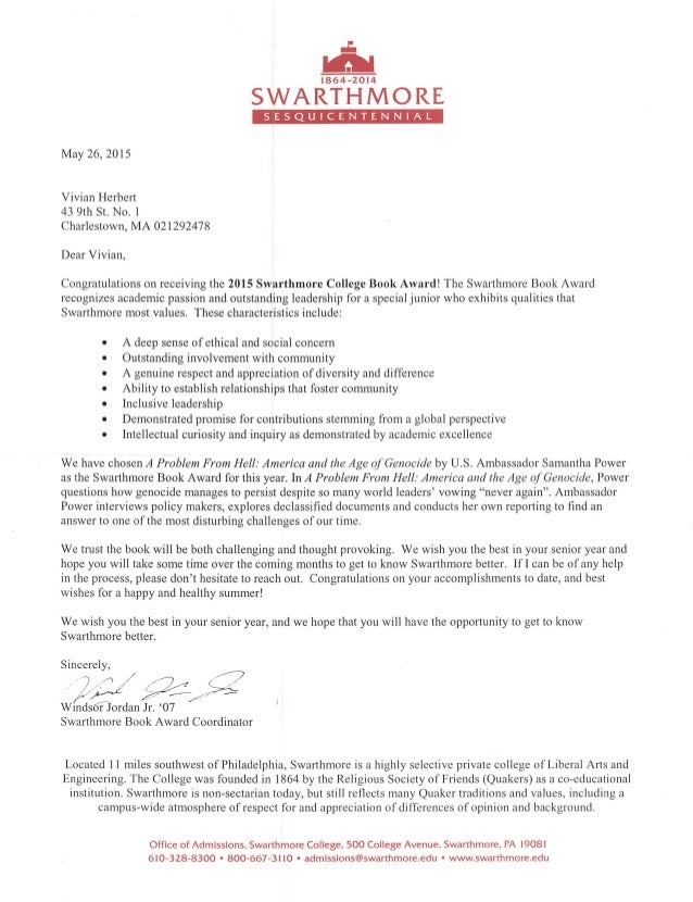2015 Swarthmore College Book Award Letter