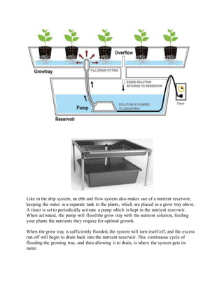 Like in the drip system, an ebb and flow system also makes use of a nutrient reservoir,
keeping the water in a separate tank to the plants, which are placed in a grow tray above.
A timer is set to periodically activate a pump which is kept in the nutrient reservoir.
When activated, the pump will flood the grow tray with the nutrient solution, feeding
your plants the nutrients they require for optimal growth.
When the grow tray is sufficiently flooded, the system will turn itself off, and the excess
run off will begin to drain back into the nutrient reservoir. This continuous cycle of
flooding the growing tray, and then allowing it to drain, is where the system gets its
name.
 