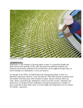 Hydroponic Farming
HYDROPONICS
Hydroponics is the technique of growing plants in water. It is generally thought that
plants need soil for growing. In fact, what they need is the nutrients (vitamins and
minerals) and moisture contained in the soil and these can be supplied through water, as
well as through soil. Hydroponics is not a new process.
As long ago as the 1690’s, an English physician tried growing plants in water in a
laboratory experiment. However, it was not until the 1800’s that German researchers used
this method to develop many of the formulas for plant nutrient solutions still in use
today. About a generation ago, hydroponics moved out of the research laboratory into
practical use. In the past 40 years, hydroponic farming has progressed in a number of
areas, especially in those where water is in short supply and temperatures are too extreme
for ordinary agriculture.
 