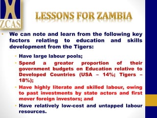 • We can note and learn from the following key
factors relating to education and skills
development from the Tigers:
• Have large labour pools;
• Spend a greater proportion of their
government budgets on Education relative to
Developed Countries (USA – 14%; Tigers –
18%);
• Have highly literate and skilled labour, owing
to past investments by state actors and first
mover foreign investors; and
• Have relatively low-cost and untapped labour
resources.
 