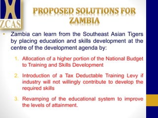 • Zambia can learn from the Southeast Asian Tigers
by placing education and skills development at the
centre of the development agenda by:
1. Allocation of a higher portion of the National Budget
to Training and Skills Development
2. Introduction of a Tax Deductable Training Levy if
industry will not willingly contribute to develop the
required skills
3. Revamping of the educational system to improve
the levels of attainment.
 