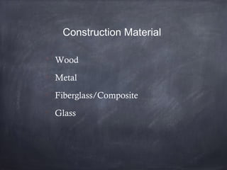 Construction Material

Wood

Metal

Fiberglass/Composite

Glass
 