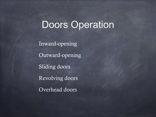 Doors Operation

Inward-opening

Outward-opening

Sliding doors

Revolving doors

Overhead doors
 