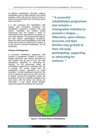11
Volume 7, Issue 3 | April 2015Counter Terrorist Trends and Analysis
for effective rehabilitation. Ultimately, religious
rehabilitation aims to effect change in the mental
paradigm, which will open the doors for them to
repent, and prevent them from committing violent
acts in the future.
It is also necessary that rehabilitation staff
assess each beneficiary throughout the
rehabilitation programme. Together with case
officers, specialists and experts should
meticulously plan and prepare a series of
interventions for the assessment of progress vis-
a-vis each detainee. The assessments made by
the case officers, psychologists, counsellors,
clerics and other prison/rehabilitation centre staff
should be the basis to determine the release of
or the need for continued rehabilitation for the
beneficiary.
Primacy of Reintegration
A successful rehabilitation programme also
includes a reintegration initiative to prevent a
relapse. Otherwise, upon release, terrorists and
their families may go back to their old ways
participating, supporting or advocating for
violence. As the government leads the
rehabilitation programme for detainees who are
in custody, the society should lead the
reintegration aspect, particularly its social
dimension. Terrorist rehabilitation starts from the
point of capture but does not end with the point
of release. During the reintegration phase, the
beneficiary should be constantly engaged at the
work place, with the family and among the
community. A case officer should facilitate,
support and guide the beneficiary to overcome
Countering Violent Extremism: Revisiting Rehabilitation and Community Engagement – Rohan Gunaratna
“ A successful
rehabilitation programme
also includes a
reintegration initiative to
prevent a relapse.…
Otherwise, upon release,
terrorists and their
families may go back to
their old ways
participating, supporting
or advocating for
violence. ”
Figure 3: The Seven Modes of Rehabilitation
 